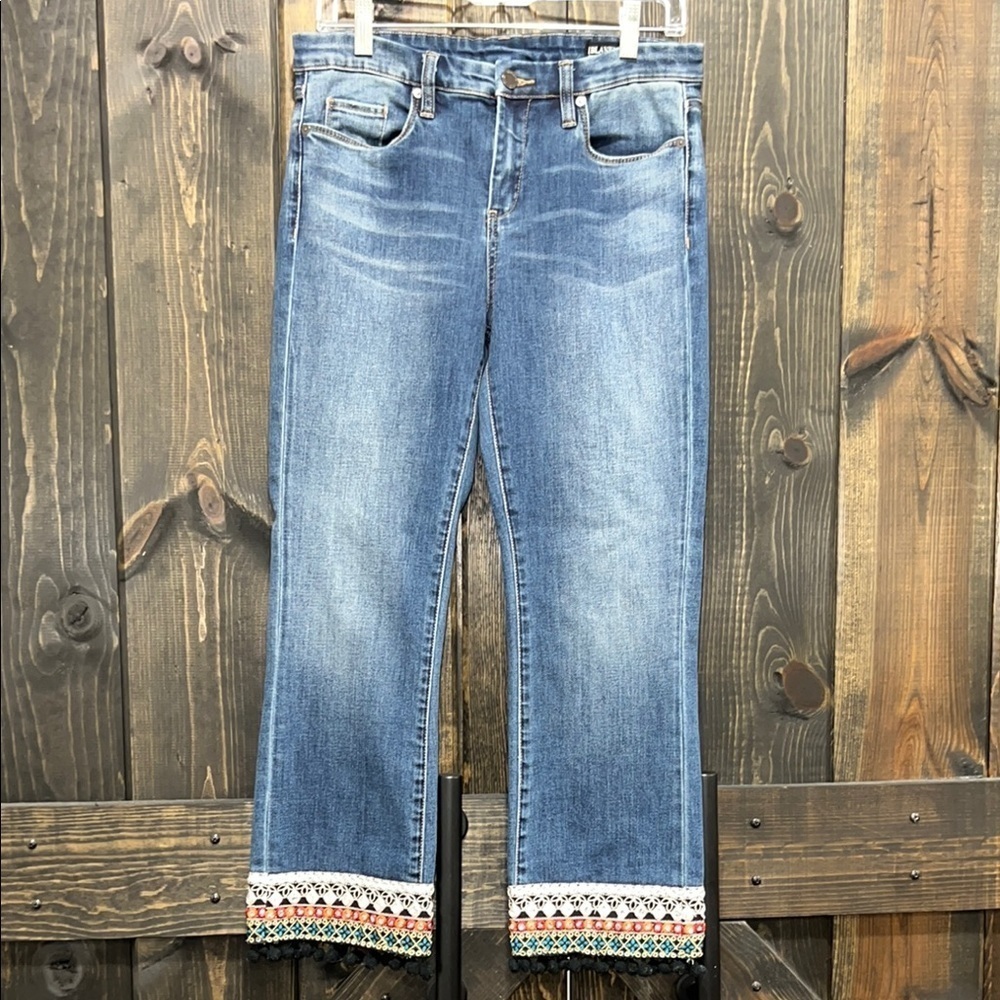 Blank NYC Kick Flare Jeans‎ 29 Embroidered Fringe Tassels Boho High Rise Artsy
